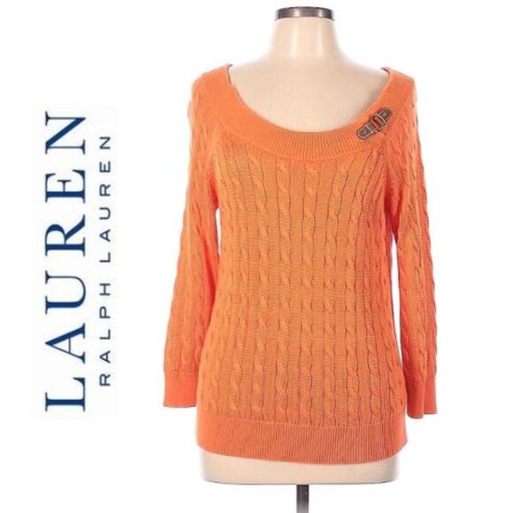 LAUREN by RALPH LAUREN - Classic cable knit scoop neck orange sweater - Picture 1 of 8